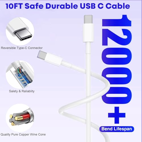 아이폰 17/16/15 충전기용 고속 충전기, 3m(10피트) 엑스트라 롱 고속 충전 3팩 블록 USB-C to USB C 고속 충전 케이블 코드 아이폰 에어/17 프로 맥스/아이폰 16 프로/16 플러스/15 프로 맥스, 아이패드 프로/에어/미니용 - color: 화이트., size: 20W