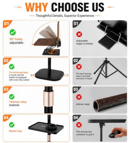 2-in-1 Adjustable Floor Book Stand & Laptop Holder | Detachable Desktop & Floor Use, 35"-62" Height Adjustable, Anti-Topple Heavy Base, 360° Swivel Panel, Hands-Free Reading