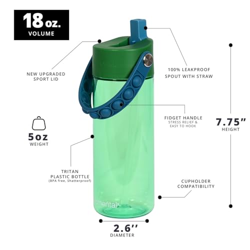 Elemental Leak Proof Water Bottles for Kids - Splash Kids Water Bottle for School with Pop-it Handle - Tritan Plastic Water Bottle with Straw - Dinosaur & Green - 18oz (2 Pack) - color: Duo - Dinosaur & Green