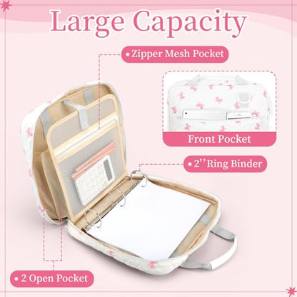 Zipper Binder Folder Keeper with Strap 2 Inch 3 Ring Multi-Pocket Zipper Bag for 13" Laptop 5-tab Expanding File Folder for Women Men Office Middle High School(White,Pink Bow) - color: White, style: Pink Bow