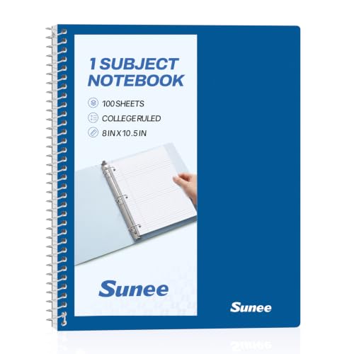 SUNEE Spiral Notebook, 1-Subject, College Ruled Paper, 8" x 10-1/2", 100 Sheets per Notebook, 3-Hole Punched Paper, Water Resistant Cover, Double-sided Pockets, Dark Blue - color: Dark Blue