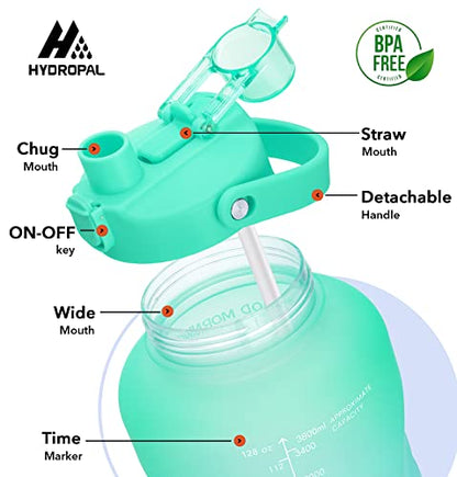 HydroPal 1 Gallon Water Bottles with Straw, 128 oz Water Bottle BPA Free Innovative 2-IN-1 Lid Gym Bottle with Times to Drink Motivational, Large for Sports Fitness Camping Water Jug （13.8X5.5 inch） - color: Summer Coast