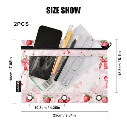 Strawberries Bows Pink Pencil Pouch for 3 Ring Binder 2 Pack Zipper Binder Pencil Bag with Clear Window Pencil Case for Office Supplies - color: Multi23