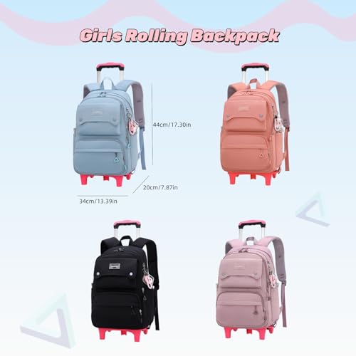 Solid Color Girls Rolling Backpack with Wheels Schoolbag Elementary School Student Trolley Daypack - color: A-black - Six Wheels, size: 6 Wheels