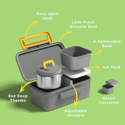 Bento Lunch Box for Kids With 8oz Food Thermo,BPA-Free for School | Lunch Container with 2 Compartments, Insulated Food Jar, Dishwasher Safe, Easy to Clean, Lunch Box for Girls Boys - color: Gray kangaroo1