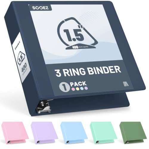 Sooez BinderX Extra Durable 1.5 Inch 3 Ring Binder, D-Ring Large Binder, Holds 400 Sheets of 8.5x11 Paper, Customizable View Cover with Inside Pockets, Heavy Duty 3 Ring Binder for School, Dark Blue - color: Dark Blue, size: 1.5 inch