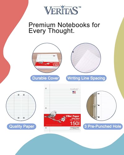 Loose Leaf Paper Wide Ruled, 8" x 10.5" Binder Filler Paper, 3 Hole Punched Notebook Paper, 3600 Sheets Total 24 Pack 150 Sheets/Pack, Bulk School & Office Supplies, Made in USA - color: Wide Ruled Filler Paper, size: 24 Pack (3600 Sheets)