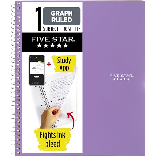 Five Star Spiral Notebook + Study App, 1 Subject, Graph Ruled Paper, 8-1/2" x 11", 100 Sheets, Fights Ink Bleed, Water Resistant Cover, Amethyst Purple (620000CF1) - color: Purple, size: Pack of 1