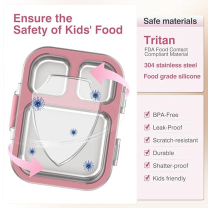 HOMEKOL Stainless Steel Bento Lunch Box, Pink, 3.3Cups | 3-Compartment,Leak-Proof, for Kids & Adults, BPA-Free, Dishwasher Safe, Clear Tritan Lid, 800ml (Not Insulated) - color: Pink, size: 27oz (800ml)