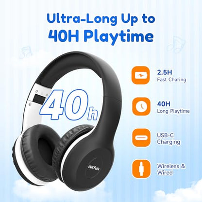 EarFun K2 Kids Bluetooth Headphones, Kids Headphones with Volume Limited, 40H Playtime, Built-in Mic, Stereo Sound, Foldable Over-Ear Headphone for School/Travel/iPad/Tablet, Black - color: Dark Black
