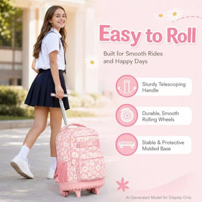 AGSDON Rolling Backpack for Girls, Women Roller Wheels Bookbag, Laptop Daisy Wheeled School Bag with Wheels for Teens - color: Daisy Pink 01