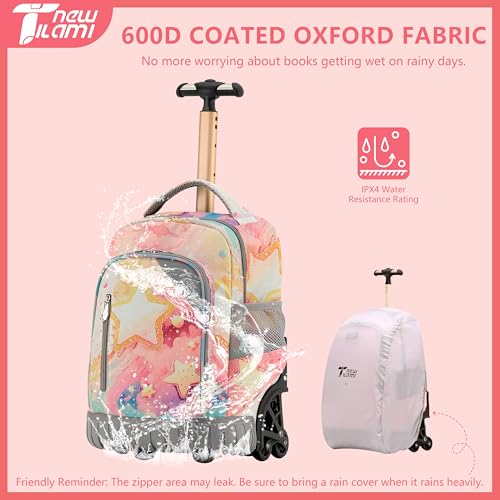 NEW TILAMI 16 Inch Rolling Backpack with Lunch Bag for Kids Adjustable Handle Carry-on Suitcase Wheels for Girls Boys School Travel Camping, Starry Rainbow - color: Starry Rainbow