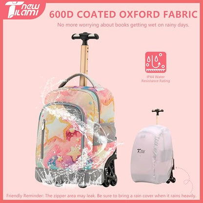 NEW TILAMI 16 Inch Rolling Backpack with Lunch Bag for Kids Adjustable Handle Carry-on Suitcase Wheels for Girls Boys School Travel Camping, Starry Rainbow - color: Starry Rainbow