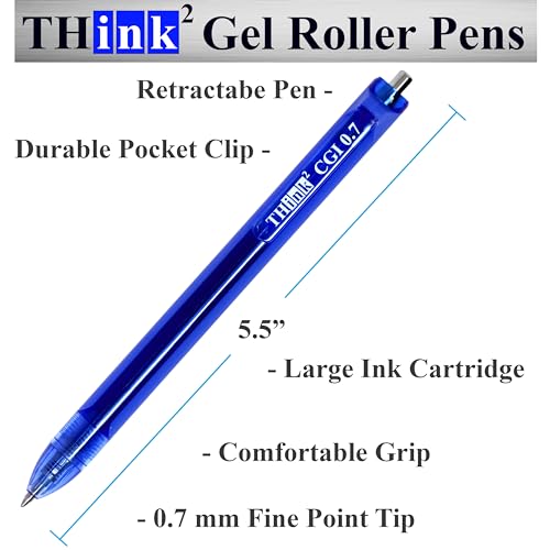 [24 Pens - Blue Ink] Think2 0.7mm CGI Retractable Gel Pens. (24 Blue) Medium Point Rollerball Pens with Smooth Quick Drying Ink. - color: Blue