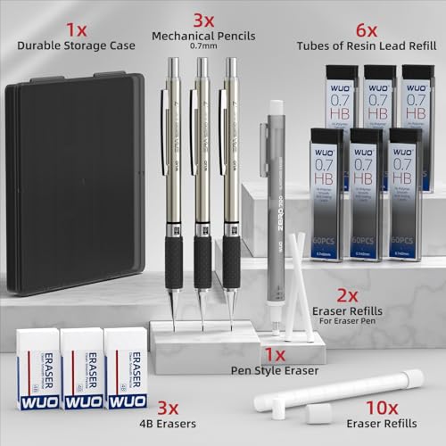 WUO 0.7mm Mechanical Pencil Set, 3PCS Metal Drafting Pencils with 360 HB Lead Refills, 1 Eraser Pen, 3PCS 4B Erasers, 12 Eraser Refills, Storage Case for Student Artist Writing, Drawing, Sketching