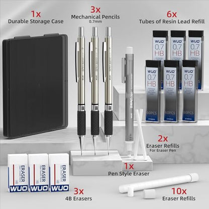 WUO 0.7mm Mechanical Pencil Set, 3PCS Metal Drafting Pencils with 360 HB Lead Refills, 1 Eraser Pen, 3PCS 4B Erasers, 12 Eraser Refills, Storage Case for Student Artist Writing, Drawing, Sketching