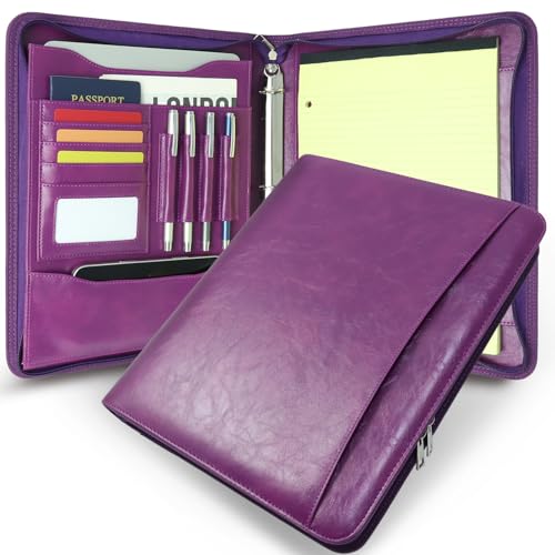 Faux Leather Zippered Padfolio with 3 Ring Binder, Executive Portfolio Organizer Binder for Women, Fits 13.9" Laptop/Tablet, Refillable Writing Pad Pocket, Purple - color: Purple, size: Zipper Portfolio(13.7"x11"x1.57")
