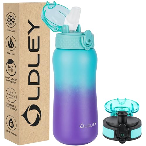 Oldley Insulated Water Bottles 12oz Kids Water Bottle with Straw, Stainless Steel Water Bottle with 2 Lids, Double Wall Vacuum Bottle, Leak-Proof Sports Bottles for School Travel, Green Purple - color: Green Purple, size: 12 Ounces