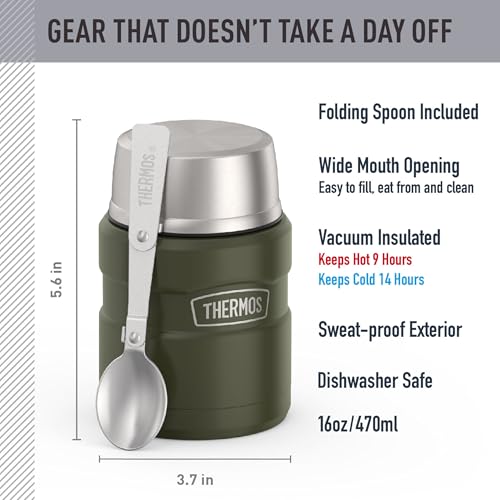 THERMOS Stainless King Vacuum-Insulated Food Jar with Spoon, 16 Ounce, Matte Army Green - color: Matte Army Green, size: 16 Ounce