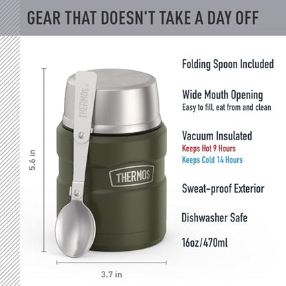 THERMOS Stainless King Vacuum-Insulated Food Jar with Spoon, 16 Ounce, Matte Army Green - color: Matte Army Green, size: 16 Ounce