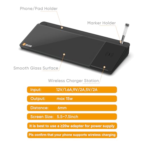 SELEAD Desktop Glass Whiteboard with Wireless Charger Station, Dry Erase Board Computer Pad Keyboard Stand with Organizer Drawer for Home, School, Office Desk Accessories, Black - color: Black Charger