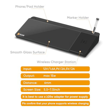 SELEAD Desktop Glass Whiteboard with Wireless Charger Station, Dry Erase Board Computer Pad Keyboard Stand with Organizer Drawer for Home, School, Office Desk Accessories, Black - color: Black Charger