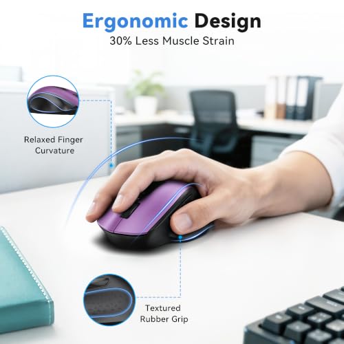 TECKNET Wireless Mouse for Laptop, (BT5.2/3.0 & 2.4G) Bluetooth Wireless Mouse, Silent Click, 5-Level Adjustable DPI, Ergonomic Portable Computer Mice for Laptop, PC, MacBook, Chromebook - color: Purple
