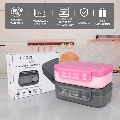 Caperci Stackable Bento Lunch Box for Adult & Teens - Reinforced Leak-Proof Lunch Container 4-Compartment with Utensils & Sauce Container, BPA-Free, Dishwasher/Microwave Safe, 47oz (Dark Gray) - color: Dark Gray