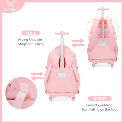 DIGOBAY Rolling Backpack for Girls, Roller School Bag with Wheels, Wheeled Backpacks with Lunch Bag Pencil case for Elementary School Bookbags with Cute Pins Pink - color: Pink