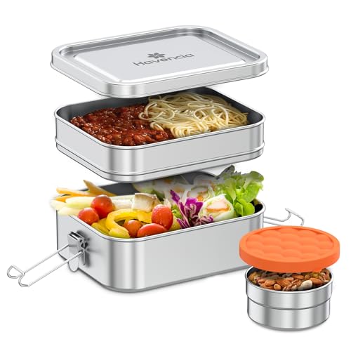 Stackable Stainless Steel Bento Box with Snack Container, 47oz/1400ml - Stainless Steel Lunch Box, Metal Bento Box for Kids & Adults, Eco-Friendly with Compartments for School, Work & Travel
