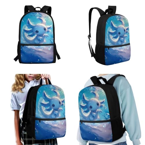CLOHOMIN Cute Blue Axolotl Backpack with Matching Lunch Boxes 3 in 1 Book Bag and Lunch Tote & Water Bottle Bag Elementary/Middle School Bag Set Kids Bookbag Ages 8-12 Girls with Lunch Bag - color: Cute Blue Axolotl