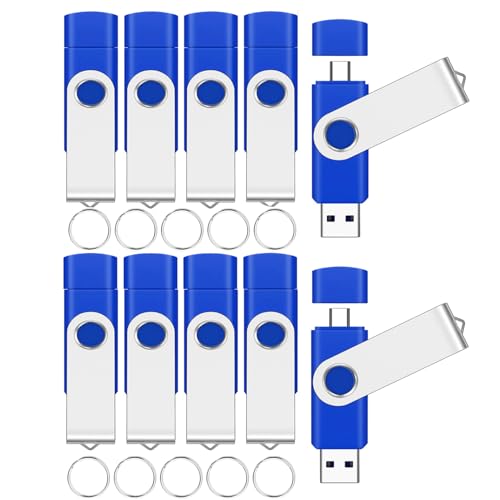 EASTBULL 10 Packs of 4GB FAT32 USB2.0 & Type-C Flash Drives Bulk (Blue) | 2-in-1 Dual Flash Drive Bulk 4GB Thumb Drives Pack Memory Sticks Compatible with Smartphones, Computers, Tablets, Mac - color: 4GB10P(Blue)