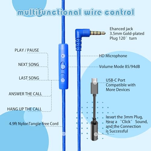 Kids Wired Headphones for School, Over-Ear Children's Headphones with Microphone, Foldable 85/94dB Volume Limited Headphones, 3.5mm & USB-C Compatible(Blue Lemon) - color: Blue Lemon