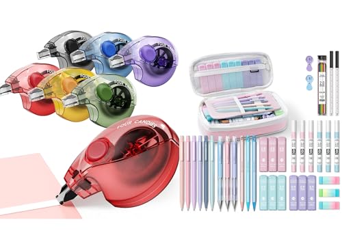Four Candies Silent Correction Tape, White Correction Tape 6 Pack, 26.2ft+36PCS Aesthetic School Supplies