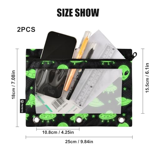 Alien UFO Pencil Pouches for 3 Ring Binder, Zipper Binder Pencil Case, 2 Pack Clear Window Case Bag for Office Organizers - color: Alien Ufo