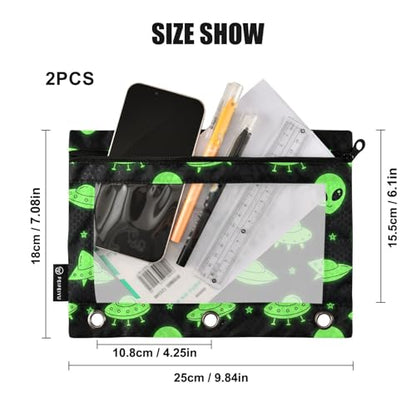 Alien UFO Pencil Pouches for 3 Ring Binder, Zipper Binder Pencil Case, 2 Pack Clear Window Case Bag for Office Organizers - color: Alien Ufo