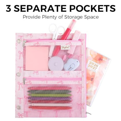 SKYDUE 3 Ring Pencil Pouch for Binder, Zipper Binder Pencil Pouch with 3 Pockets and Mesh Window, Durable Organizer for School Supplies, Cables, Earbuds, Makeup - color: Pinkbow