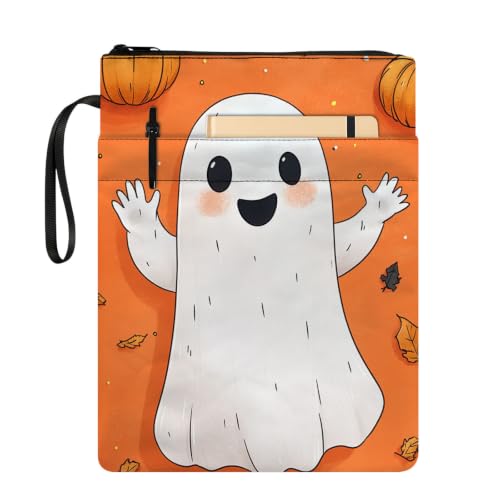 Padded Book Sleeve with Zipper & Front Pocket, Fabric Book Cover | Cute Halloween Ghost Pumpkin11.4"x8.7" Washable Canvas Pouch for Hardcovers, Tablets & Reading Accessories - color: Cute Halloween Ghost Pumpkin