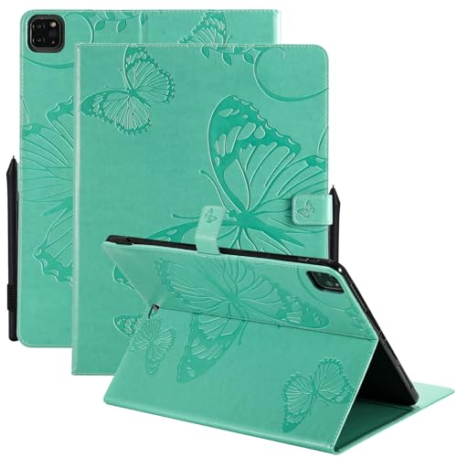 Dteck Wallet Case for iPad Air 13 Inch M2 2024 & iPad Pro 12.9 2022/2021/2020/2018 with Pencil Holder,Embossed Butterfly Auto Sleep/Wake PU Leather Smart Stand Girls Cute Folio Pocket Cover,Green - color: 10 Green