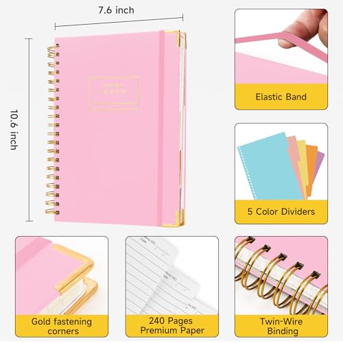 Huhuhero 5 Subject Notebook with Dividers, 240 Pages Pink Spiral Journal College Ruled, B5 Aesthetic Writing Journals for Women, Hardcover Notebooks for Work Note Taking, College Essentials - color: Pink
