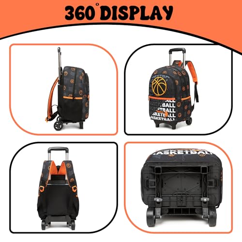 Backpack with Wheels for Boys Rolling Backpack with Lunch Box Pencil Case for Kids Carry On Suitcase with Wheels for Elementary Teens Boys - color: Basketball