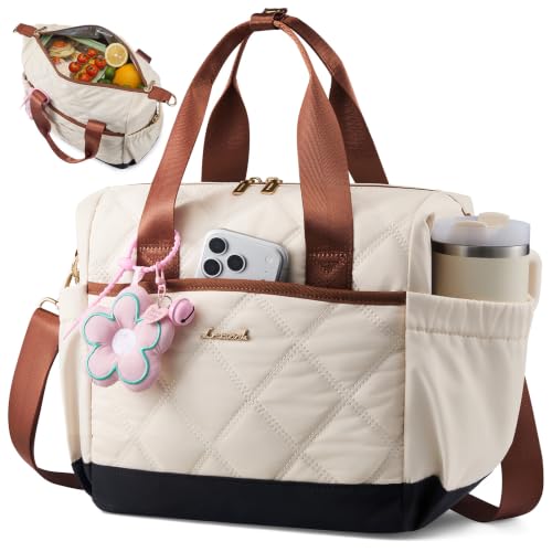 LOVEVOOK Insulated Lunch Bag Women, Adult Lunch Box for Women Work, Large Leakproof Cooler lunch Bags for Picnic Beach Family College, Lunch Teacher Tote Bag with Adjustable Shoulder Strap Cup Holder - color: black-white-brown, size: Large —14L