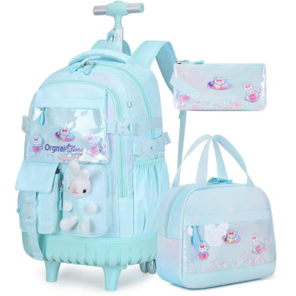 FIXITOK Rolling Backpack for Girls, Kawaii Bunny Roller Wheels School Backpacks with Lunch Bag Pencil case, Wheeled Suitcase Bookbag for Elementary Travel Dreamy Aquamarine - color: Dreamy Aquamarine