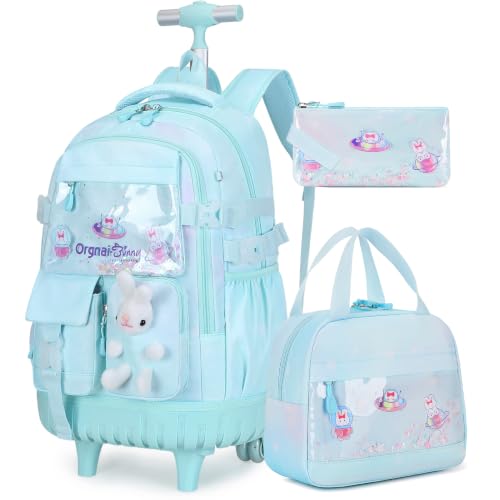 FIXITOK Rolling Backpack for Girls, Kawaii Bunny Roller Wheels School Backpacks with Lunch Bag Pencil case, Wheeled Suitcase Bookbag for Elementary Travel Dreamy Aquamarine - color: Dreamy Aquamarine