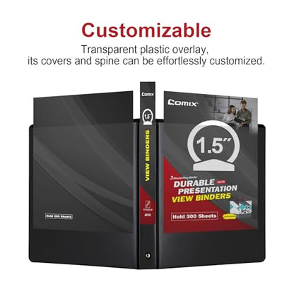 COMIX Sturdy 3 Ring Binder 1.5 inch with Clear View Cover, 1-1/2" Round Ring View Binder, PVC-Free, 2.4mm-Thick, 300 Sheets Capacity of US Letter Size Paper, Office ＆ School Supplies, 6 Pack (Black) - color: Black, size: 1.5 Inch, style: 6 Pack