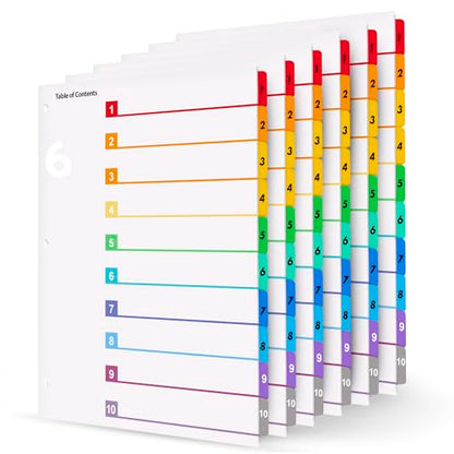 Tab Dividers for 3 Ring Binders – 6 Sets, 1–10 Numbered Index Dividers with Table of Contents – 8.5 x 11 in, 3-Hole Punched – Binder Dividers for School, Office, Filing, Organizing - 6 Pack - size: 1-10 Tabs