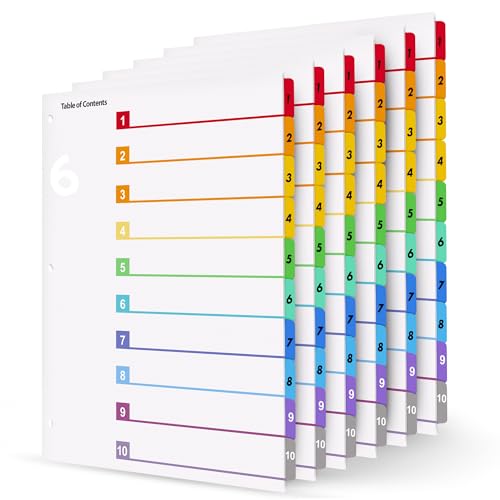 Tab Dividers for 3 Ring Binders – 6 Sets, 1–10 Numbered Index Dividers with Table of Contents – 8.5 x 11 in, 3-Hole Punched – Binder Dividers for School, Office, Filing, Organizing - 6 Pack - size: 1-10 Tabs
