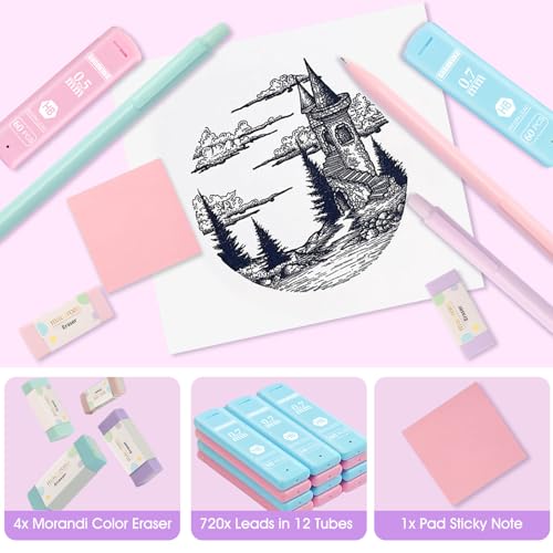 Aesthetic School Supplies with Cute Pencil Case, 12x Pastel Mechanical Pencils 0.5 & 0.7mm with 720x HB Leads, 4x Erasers and 1x Sticky Note, Suitable for Writing, Drafting Drawing Sketching(pink) - color: Pink