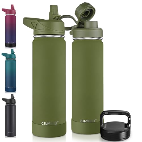CIVAGO 22 oz Insulated Water Bottle With Straw, Stainless Steel Sports Water Flask Cup with 3 Lids (Straw, Portable Spout and Handle Lid), Double Walled Travel Thermal Canteen Mug, Army Green - color: Army Green, size: 22 Ounces