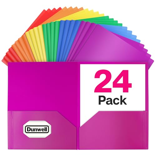 Dunwell Plastic 2-Pocket Folders (24 Pack, Assorted Colors), 8.5x11 Document Folders for School and Office, Heavy Duty Poly, Long Lasting, Includes Labels - color: Assorted 6 Colors, size: 24 Pack